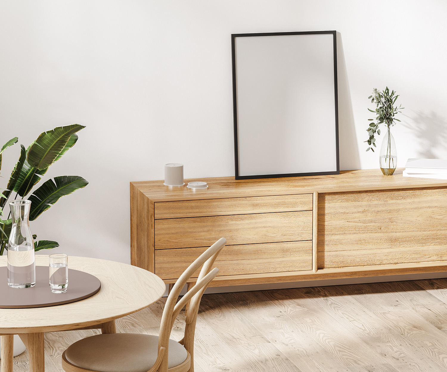 Salón moderno con muebles de madera clara.